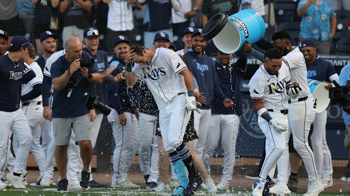 Tampa, Florida, USA; Tampa Bay Rays outfielder Kameron Misner (26) is congratulated after he hits a walk-off home run to beat the Colorado Rockies during the ninth inning at George M. Steinbrenner Field. Tampa, Florida, USA; Tampa Bay Rays outfielder Kameron Misner (26) is congratulated after he hits a walk-off home run to beat the Colorado Rockies during the ninth inning at George M. Steinbrenner Field.