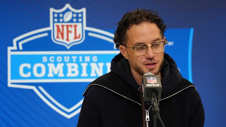 Feb 25, 2025; Indianapolis, IN, USA; Miami Dolphins coach Mike McDaniel speaks during the NFL Scouting Combine at the Indiana Convention Center. Mandatory Credit: Kirby Lee-Imagn Images