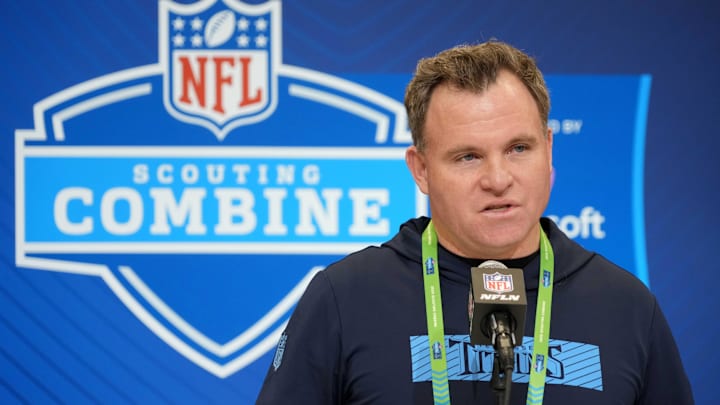 Feb 25, 2025; Indianapolis, IN, USA; Tennessee Titans general manager Mike Borgonzi speaks during the NFL Scouting Combine at the Indiana Convention Center. Mandatory Credit: Kirby Lee-Imagn Images