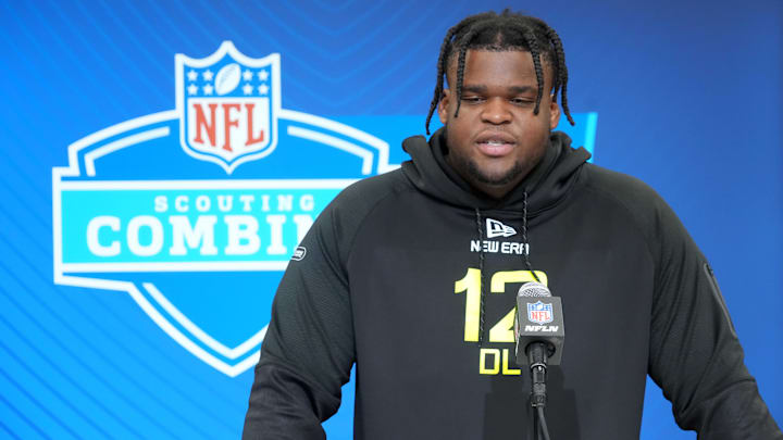 Michigan defensive lineman Kenneth Grant during the 2025 NFL Scouting Combine at the Indiana Convention Center. Michigan defensive lineman Kenneth Grant during the 2025 NFL Scouting Combine at the Indiana Convention Center.