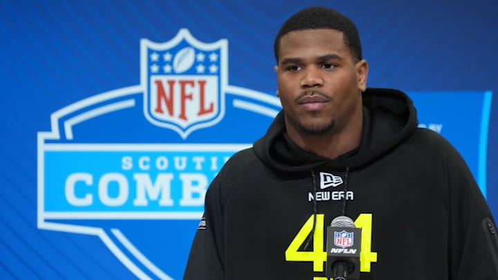 Feb 27, 2025; Indianapolis, IN, USA; Penn State defensive lineman Abdul Carter (DL44) during the 2025 NFL Scouting Combine at the Indiana Convention Center. Mandatory Credit: Kirby Lee-Imagn Images