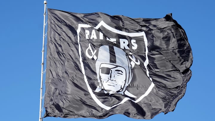 Dec 26, 2021; Paradise, Nevada, USA; A Las Vegas Raiders flag at Allegiant Stadium. Mandatory Credit: Kirby Lee-Imagn Images