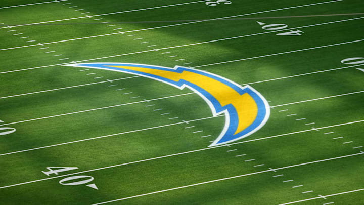 Dec 11, 2022; Inglewood, California, USA; The Los Angeles Chargers bolt logo at midfield before the