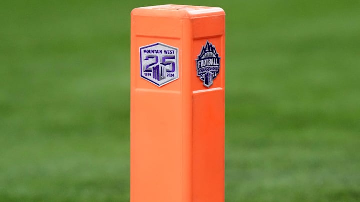 Dec 2, 2023; Las Vegas, NV, USA; A pylon with the Mountain West Conference logo during the Mountain West Championship at Allegiant Stadium. Mandatory Credit: Kirby Lee-Imagn Images Dec 2, 2023; Las Vegas, NV, USA; A pylon with the Mountain West Conference logo during the Mountain West Championship at Allegiant Stadium. Mandatory Credit: Kirby Lee-Imagn Images