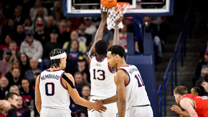 Gonzaga senior guards Ryan Nembhard (0) and Nolan Hickman (11).