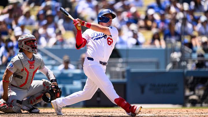 May 31, 2026; Los Angeles, California, USA; Los Angeles Dodgers left fielder Ryan Ward (67) watches his home run during the fourth inning against the Philadelphia Phillies at Dodger Stadium. Mandatory Credit: William Liang-Imagn Images