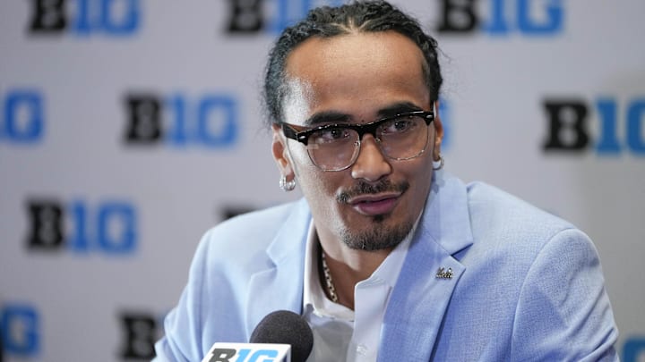 Jul 24, 2025; Las Vegas, NV, USA; UCLA quarterback Nico Iamaleava speaks to the media during the Big Ten NCAA college football media days at Mandalay Bay Resort. Mandatory Credit: Lucas Peltier-Imagn Images