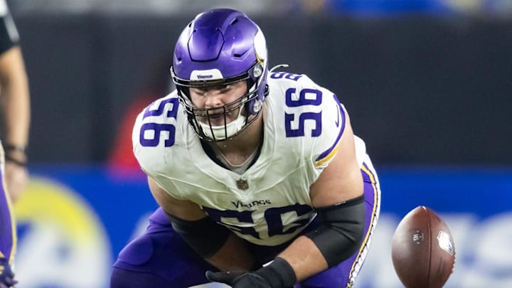 Jan 13, 2025; Glendale, AZ, USA; Minnesota Vikings center Garrett Bradbury (56) against the Los Angeles Rams during an NFC wild card game at State Farm Stadium. Mandatory Credit: Mark J. Rebilas-Imagn Images Jan 13, 2025; Glendale, AZ, USA; Minnesota Vikings center Garrett Bradbury (56) against the Los Angeles Rams during an NFC wild card game at State Farm Stadium. Mandatory Credit: Mark J. Rebilas-Imagn Images