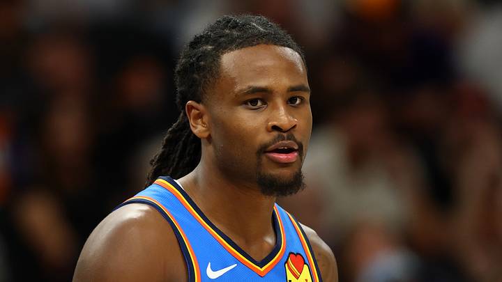 Apr 27, 2026; Phoenix, Arizona, USA; Oklahoma City Thunder guard Cason Wallace (22) against the Phoenix Suns during game four of the first round of the 2026 NBA Playoffs at Mortgage Matchup Center. Mandatory Credit: Mark J. Rebilas-Imagn Images Apr 27, 2026; Phoenix, Arizona, USA; Oklahoma City Thunder guard Cason Wallace (22) against the Phoenix Suns during game four of the first round of the 2026 NBA Playoffs at Mortgage Matchup Center. Mandatory Credit: Mark J. Rebilas-Imagn Images