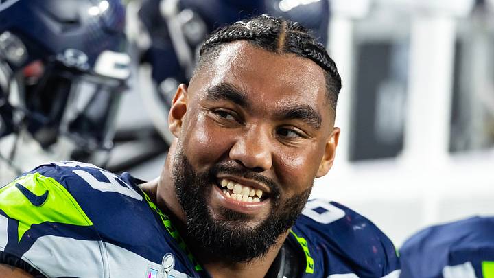 Feb 8, 2026; Santa Clara, CA, USA; Seattle Seahawks defensive end Leonard Williams (99) against the New England Patriots during Super Bowl LX at Levi's Stadium. Mandatory Credit: Mark J. Rebilas-Imagn Images