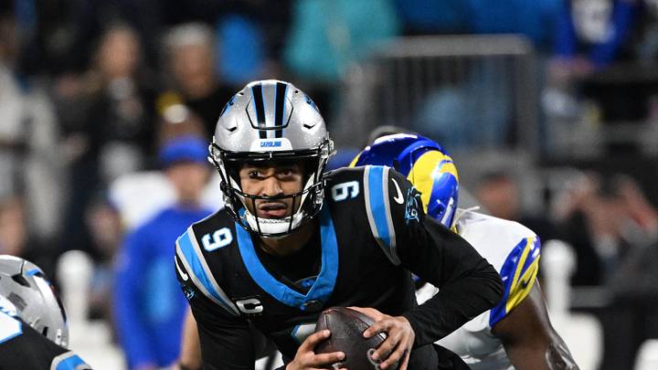 Jan 10, 2026; Charlotte, NC, USA; Carolina Panthers quarterback Bryce Young (9) runs in the second quarter in an NFC Wild Card Round game at Bank of America Stadium. Mandatory Credit: Bob Donnan-Imagn Images