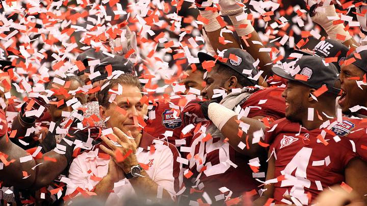 Jan 9, 2012; New Orleans, LA, USA; Alabama Crimson Tide head coach Nick Saban celebrates with his team following their defeat of the LSU Tigers 21-0 in the 2012 BCS National Championship game at the Mercedes-Benz Superdome. Mandatory Credit: Matthew Emmons-USA TODAY Sports Jan 9, 2012; New Orleans, LA, USA; Alabama Crimson Tide head coach Nick Saban celebrates with his team following their defeat of the LSU Tigers 21-0 in the 2012 BCS National Championship game at the Mercedes-Benz Superdome. Mandatory Credit: Matthew Emmons-USA TODAY Sports
