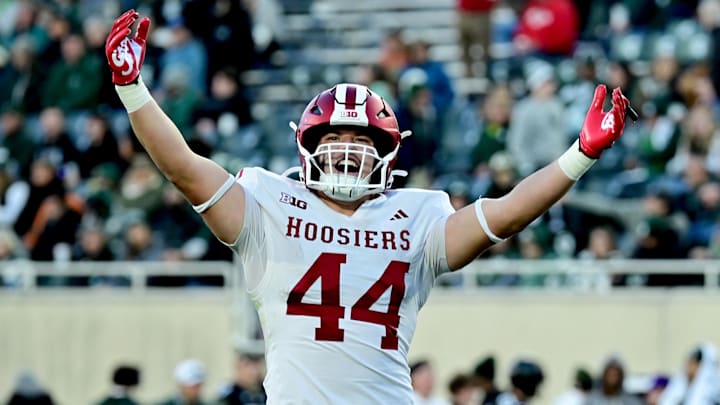 Indiana tight end Zach Horton (44) celebrates after a touchdown against Michigan State at Spartan Stadium. 