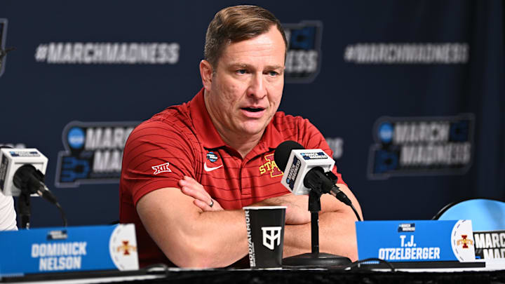 Mar 20, 2026; St. Louis, MO, USA; Iowa State Cyclones head coach T.J. Otzelberger addresses the media after a first round game of the men's 2026 NCAA Tournament against the Tennessee State Tigers at Enterprise Center. 