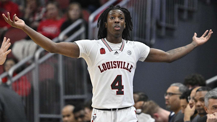 Jan 27, 2024; Louisville, Kentucky, USA;  Louisville Cardinals guard Ty-Laur Johnson (4) reacts