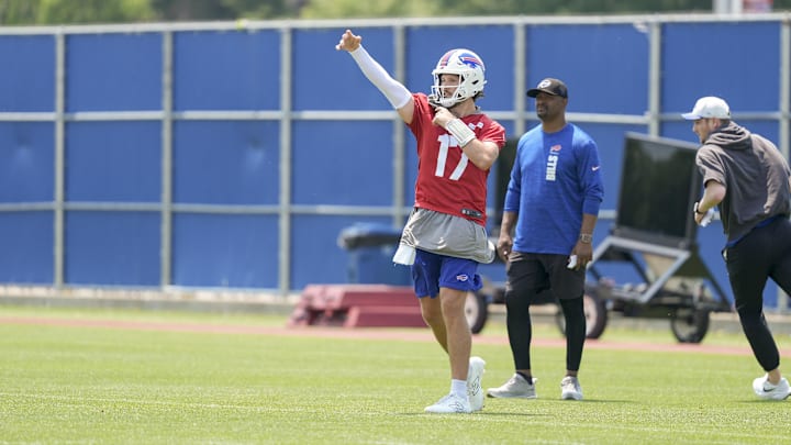 Buffalo Bills quarterback Josh Allen throws the ball during Minicamp at Highmark Stadium.