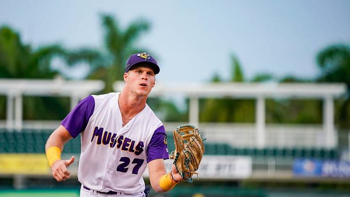 Fort Myers Mighty Mussels outfielder Walker Jenkins (27) catches a ball from the dugout during the second inning of a game against the Tampa Tarpons at Hammond Stadium in Fort Myers on Friday, June 28, 2024.