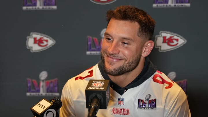 Feb 7, 2024; Las Vegas, NV, USA; San Francisco 49ers defensive end Nick Bosa (97) during a press conference before Super Bowl LVIII at Hilton Lake Las Vegas Resort and Spa. Mandatory Credit: Kyle Terada-USA TODAY Sports