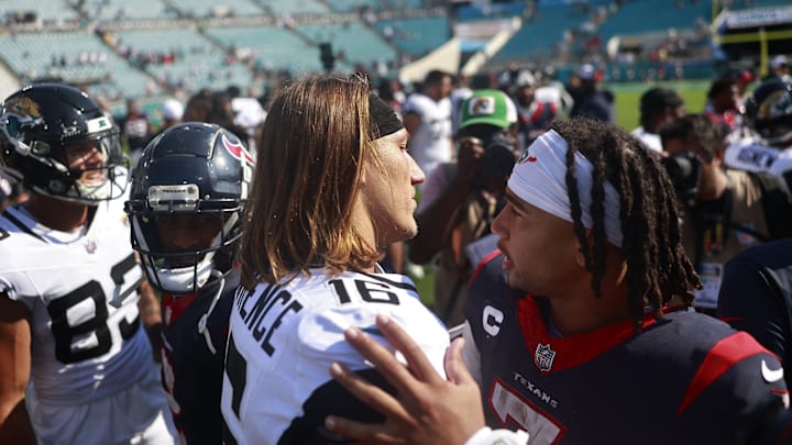 Jacksonville Jaguars quarterback Trevor Lawrence (16) and Houston Texans quarterback C.J. Stroud (7)