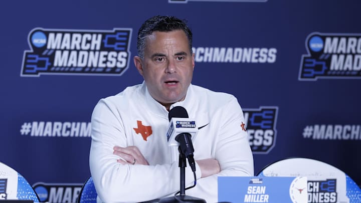 Texas Longhorns head coach Sean Miller speaks with the media during a practice session ahead of the first four of the men's 2026 NCAA Tournament at University of Dayton Arena. 