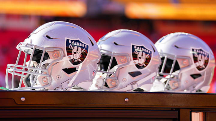 Nov 29, 2024; Kansas City, Missouri, USA; A general view of Las Vegas Raiders helmets against the Kansas City Chiefs prior to a game at GEHA Field at Arrowhead Stadium. Mandatory Credit: Denny Medley-Imagn Images