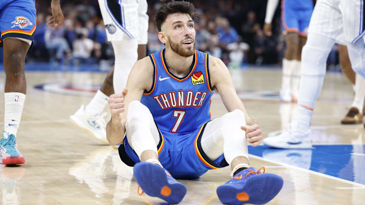 Nov 4, 2024; Oklahoma City, Oklahoma, USA; Oklahoma City Thunder forward Chet Holmgren (7) sits on the floor after a play against the Orlando Magic during the second half at Paycom Center. Mandatory Credit: Alonzo Adams-Imagn Images