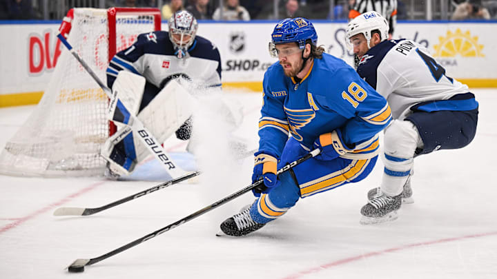 Feb 22, 2025; St. Louis, Missouri, USA; St. Louis Blues center Robert Thomas (18) controls the puck against the Winnipeg Jets during the third period at Enterprise Center. Mandatory Credit: Connor Hamilton-Imagn Images