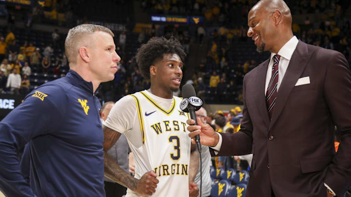 Feb 28, 2026; Morgantown, West Virginia, USA; West Virginia Mountaineers guard Honor Huff (3) is interviewed after the game after defeating the BYU Cougars at Hope Coliseum. Mandatory Credit: Ben Queen-Imagn Images