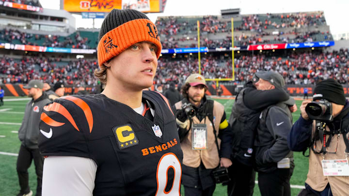 Cincinnati Bengals quarterback Joe Burrow (9) looks for hands to shake after the fourth quarter of the NFL Week 18 game between the Cincinnati Bengals and the Cleveland Browns at Paycor Stadium in Downtown Cincinnati on Sunday, Jan. 4, 2026. The Browns kicked a last second field goal to win 20-18. Cincinnati Bengals quarterback Joe Burrow (9) looks for hands to shake after the fourth quarter of the NFL Week 18 game between the Cincinnati Bengals and the Cleveland Browns at Paycor Stadium in Downtown Cincinnati on Sunday, Jan. 4, 2026. The Browns kicked a last second field goal to win 20-18.