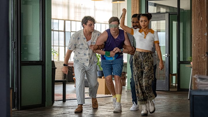 Players. (L-R) Augustus Prew as Brannagan, Joel Courtney as Little, Damon Wayans Jr. as Adam and Liza Koshy as Ashley in Players. Cr. K.C. Bailey/Netflix ©2023.