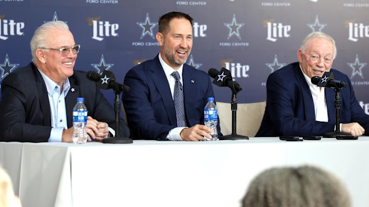Dallas Cowboys CEO Stephen Jones, head coach Brian Schottenheimer and owner Jerry Jones speak to the media at a press conference at the Star.  