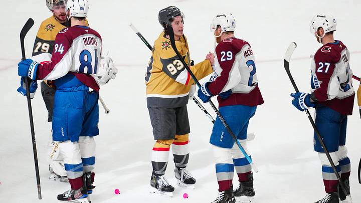 May 26, 2026; Las Vegas, Nevada, USA; Colorado Avalanche defenseman Brent Burns (84) and center Nathan MacKinnon (29) congratulate Vegas Golden Knights goaltender Carter Hart (79) and right wing Mitch Marner (93) after the loss in game four of the Western Conference Final of the 2026 Stanley Cup Playoffs at T-Mobile Arena. Mandatory Credit: Stephen R. Sylvanie-Imagn Images May 26, 2026; Las Vegas, Nevada, USA; Colorado Avalanche defenseman Brent Burns (84) and center Nathan MacKinnon (29) congratulate Vegas Golden Knights goaltender Carter Hart (79) and right wing Mitch Marner (93) after the loss in game four of the Western Conference Final of the 2026 Stanley Cup Playoffs at T-Mobile Arena. Mandatory Credit: Stephen R. Sylvanie-Imagn Images