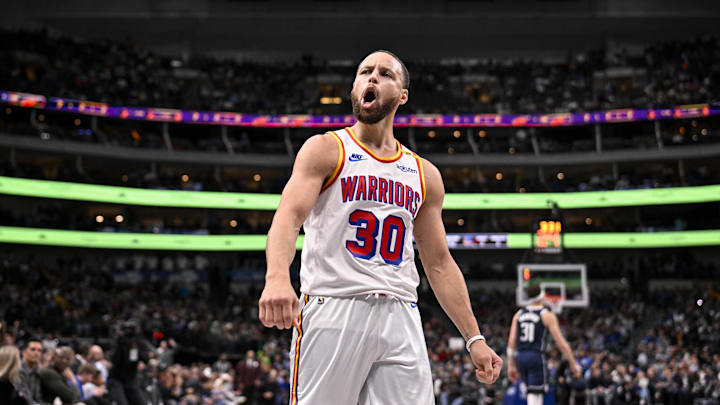 Feb 12, 2025; Dallas, Texas, USA; Golden State Warriors guard Stephen Curry (30) during the game between the Dallas Mavericks and the Golden State Warriors at the American Airlines Center. Mandatory Credit: Jerome Miron-Imagn Images