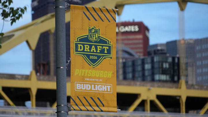 Street banners promoting the 2026 NFL Draft in downtown Pittsburgh. Mandatory Credit: Kirby Lee-Imagn Images