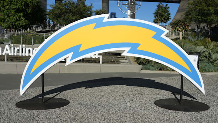 Nov 20, 2022; Inglewood, California, USA; A Los Angeles Chargers bolt logo at SoFi Stadium. Mandatory Credit: Kirby Lee-Imagn Images