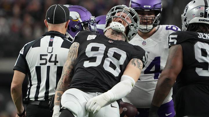 Dec 10, 2023; Paradise, Nevada, USA; Las Vegas Raiders defensive end Maxx Crosby (98) celebrates after a tackle against the Minnesota Vikings in the first half at Allegiant Stadium. Mandatory Credit: Kirby Lee-USA TODAY Sports Dec 10, 2023; Paradise, Nevada, USA; Las Vegas Raiders defensive end Maxx Crosby (98) celebrates after a tackle against the Minnesota Vikings in the first half at Allegiant Stadium. Mandatory Credit: Kirby Lee-USA TODAY Sports