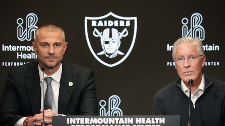 Jan 27, 2025; Las Vegas, NV, USA; Las Vegas Raiders general manager John Spytek (left) and coach Pete Carroll at press conference at Intermountain Health Performance Center. Mandatory Credit: Kirby Lee-Imagn Images