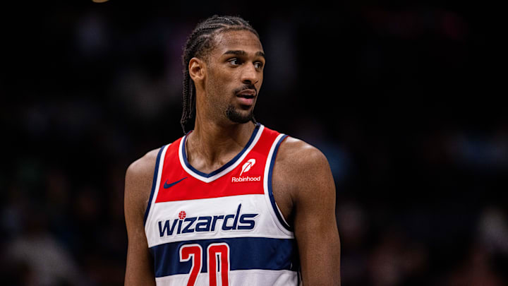 Mar 1, 2025; Charlotte, North Carolina, USA; Washington Wizards forward Alex Sarr (20) looks on during the fourth quarter against the Charlotte Hornets at Spectrum Center. Mandatory Credit: Scott Kinser-Imagn Images
