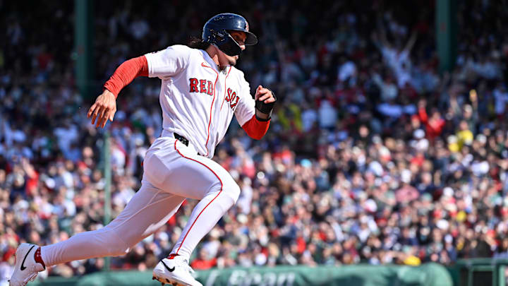 Apr 3, 2026; Boston, Massachusetts, USA; Boston Red Sox left fielder Jarren Duran (16) runs home to score against the San Diego Padres during the fourth inning at Fenway Park. Mandatory Credit: Eric Canha-Imagn Images
