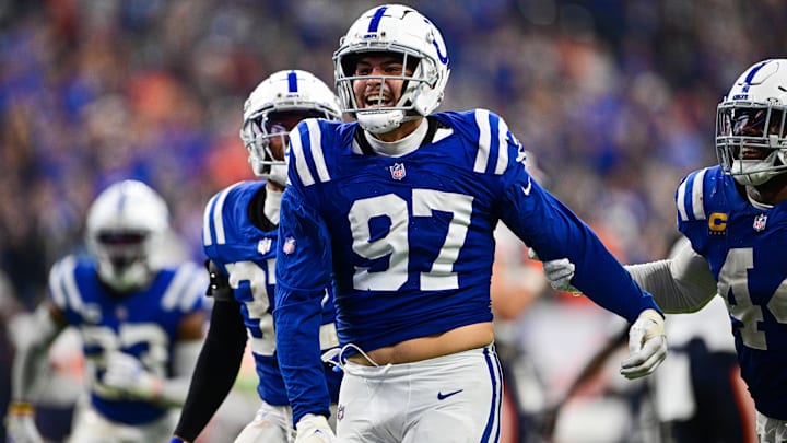 Sep 22, 2024; Indianapolis, Indiana, USA; Indianapolis Colts defensive end Laiatu Latu (97) celebrates a sack during the second half against the Chicago Bears at Lucas Oil Stadium. Mandatory Credit: Marc Lebryk-Imagn Images

