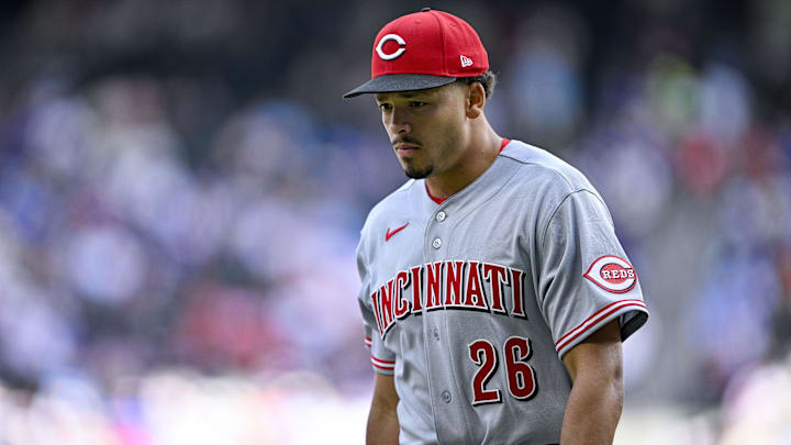 Apr 5, 2026; Arlington, Texas, USA; Cincinnati Reds starting pitcher Chase Burns (26) leaves the game against the Texas Rangers during the seventh inning at Globe Life Field. Mandatory Credit: Jerome Miron-Imagn Images