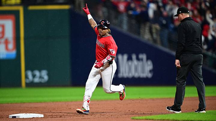 Oct 10, 2026; Cleveland, Ohio, USA; Cleveland Guardians third baseman Jose Ramirez (11) celebrates his two-run home run during the fourth inning against the Chicago White Sox in game five of the ALDS for the 2026 MLB Playoffs at Progressive Field. Mandatory Credit: David Dermer-Imagn Images Oct 10, 2026; Cleveland, Ohio, USA; Cleveland Guardians third baseman Jose Ramirez (11) celebrates his two-run home run during the fourth inning against the Chicago White Sox in game five of the ALDS for the 2026 MLB Playoffs at Progressive Field. Mandatory Credit: David Dermer-Imagn Images