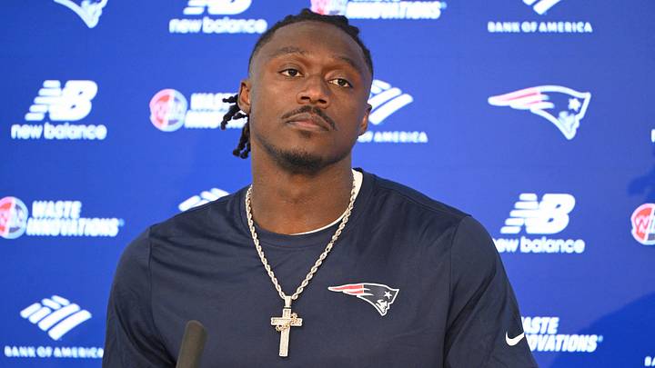 New England Patriots wide receiver A.J. Brown (1) speaks at a press conference after  practice at the team's OTA at Gillette Stadium. Mandatory Credit: Eric Canha-Imagn Images