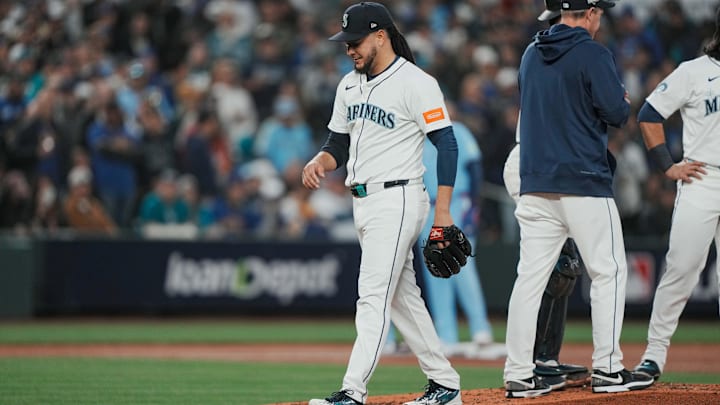 Oct 16, 2025; Seattle, Washington, USA; Seattle Mariners pitcher Luis Castillo (58) walks off the mound after being relieved against the Toronto Blue Jays in the third inning during game four of the ALCS round for the 2025 MLB playoffs at T-Mobile Park. Mandatory Credit: Stephen Brashear-Imagn Images