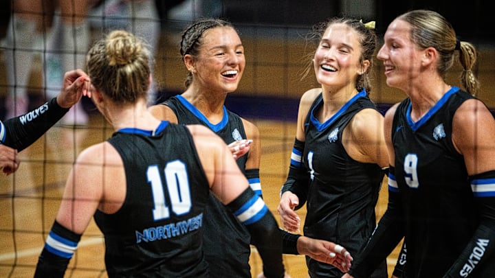 Waukee Northwest celebrates a point against Waukee on Sept. 23, 2025, at Waukee High School.