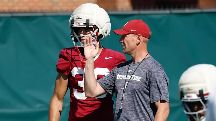 4/14/26 MFB MFB Spring Practice Alabama Wide Receiver Derek Meadows (30) Alabama Football Head Coach Kalen DeBoer Photo by Kent Gidley