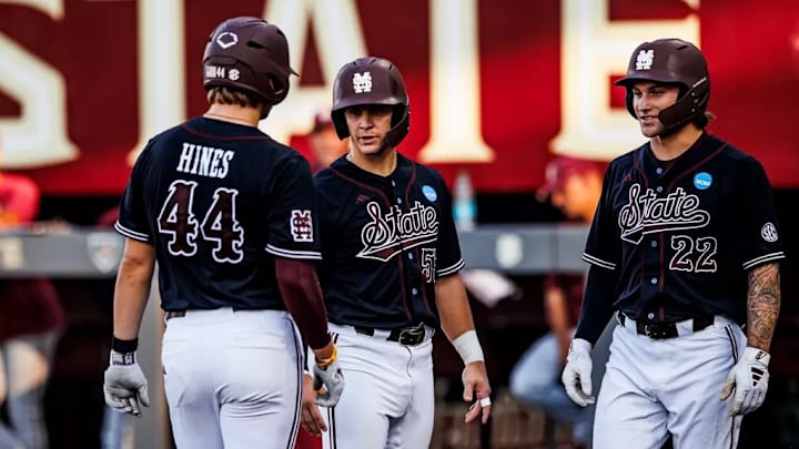 Mississippi State Infielder/Outfielder Hunter Hines (#44) and Mississippi State Catcher Joe Powell (#55) and Mississippi State Catcher Ross Highfill (#22) during the game between the Florida State Seminoles and the Mississippi State Bulldogs at Mike Martin Field at Dick Howser Stadium in Tallahassee, FL. Mississippi State Infielder/Outfielder Hunter Hines (#44) and Mississippi State Catcher Joe Powell (#55) and Mississippi State Catcher Ross Highfill (#22) during the game between the Florida State Seminoles and the Mississippi State Bulldogs at Mike Martin Field at Dick Howser Stadium in Tallahassee, FL.