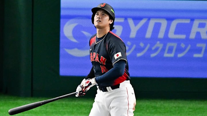 TOKYO, JAPAN - MARCH 06: Shohei Ohtani #16 of Team Japan hits a grand slam in the second inning during the 2026 World Baseball Classic Pool C game between Japan and Chinese Taipei at Tokyo Dome on March 06, 2026 in Tokyo, Japan. 