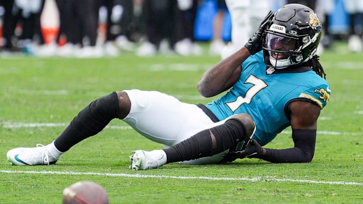 Jacksonville Jaguars wide receiver Brian Thomas Jr. (7) holds his head after a pass interference call during the second quarter in an NFL football matchup
