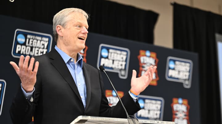 NCAA president Charlie Baker speaks at the men’s Final Four in Indianapolis.